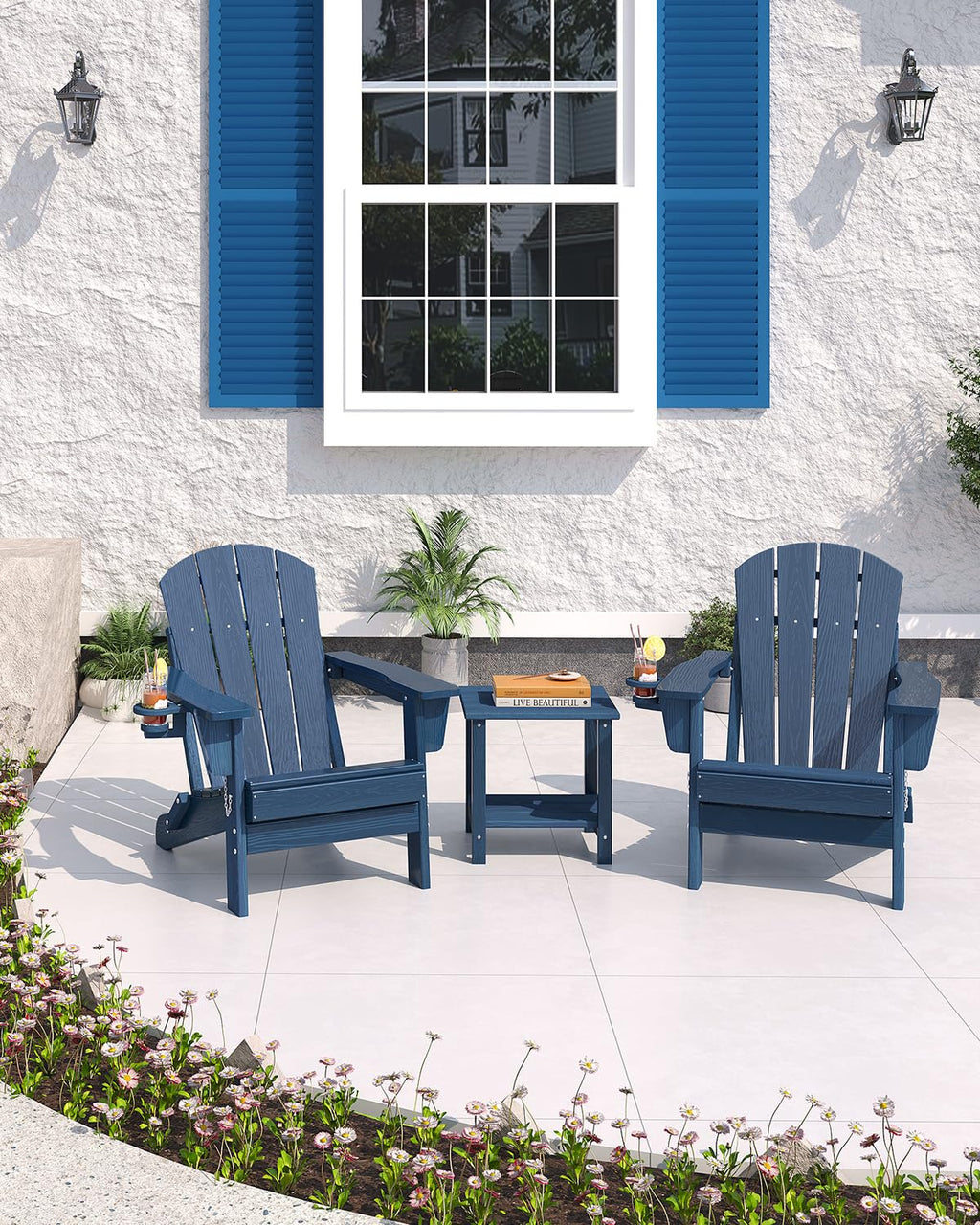 Navy Blue HDPE Folding Adirondack Chair Set of 6 with Cup Holder R832833