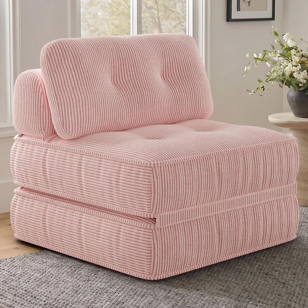Pink Corduroy 3-in-1 Folding Sofa Bed with Memory Foam Q257704