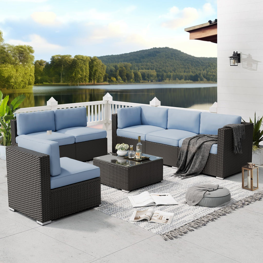 7-Piece All-Weather Wicker Patio Sofa Set with Glass Coffee Table A7540