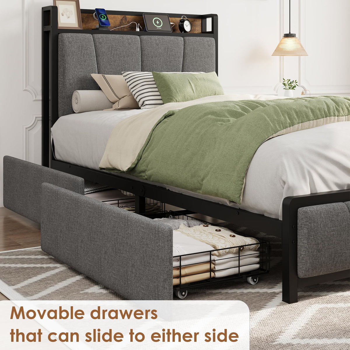 Gray Twin Size Bed Frame with 2 Drawers O696