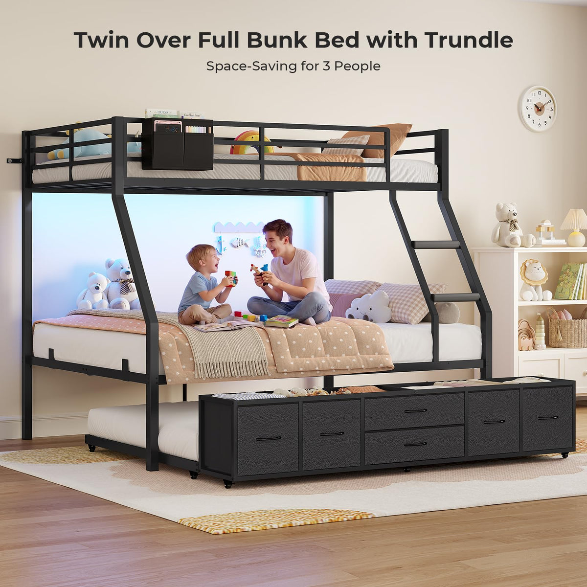 Twin Over Full Bunk Bed with Trundle and 6 Storage Drawers T93423