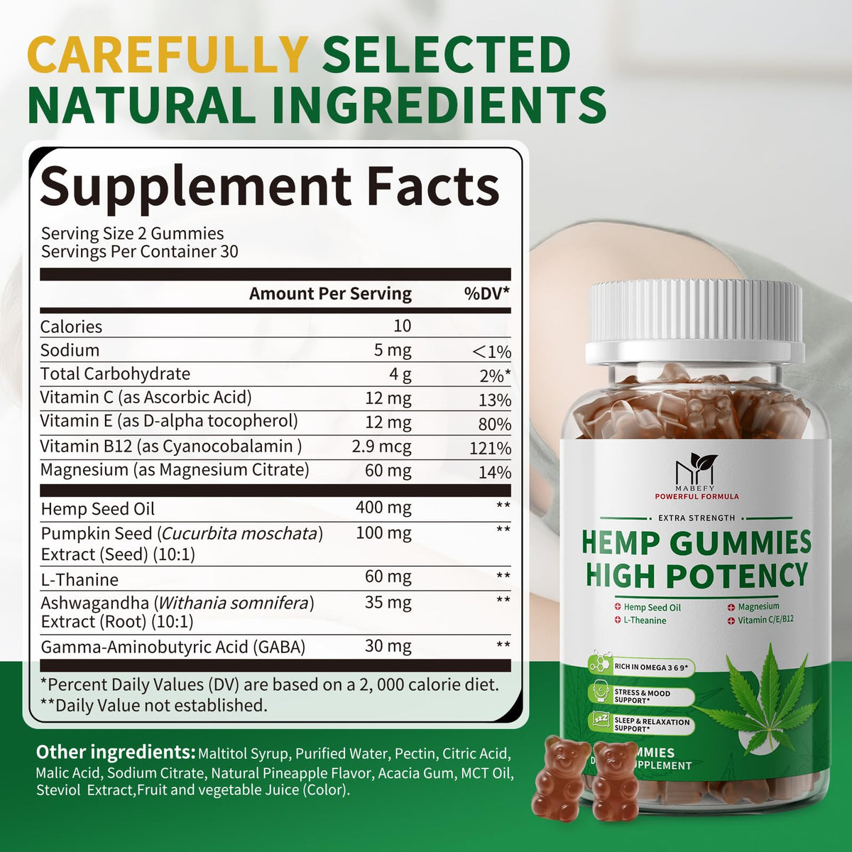2 Pack Hemp Gummies with Magnesium, Vitamins, Pumpkin Seed, Ashwagandha, GABA, L-Theanine, Pineapple Flavor, 120 Bears, Vegan A678372