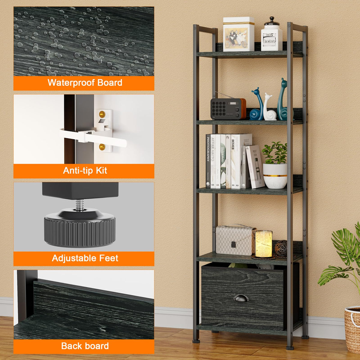 5 Tier Bookshelf with Drawer G483