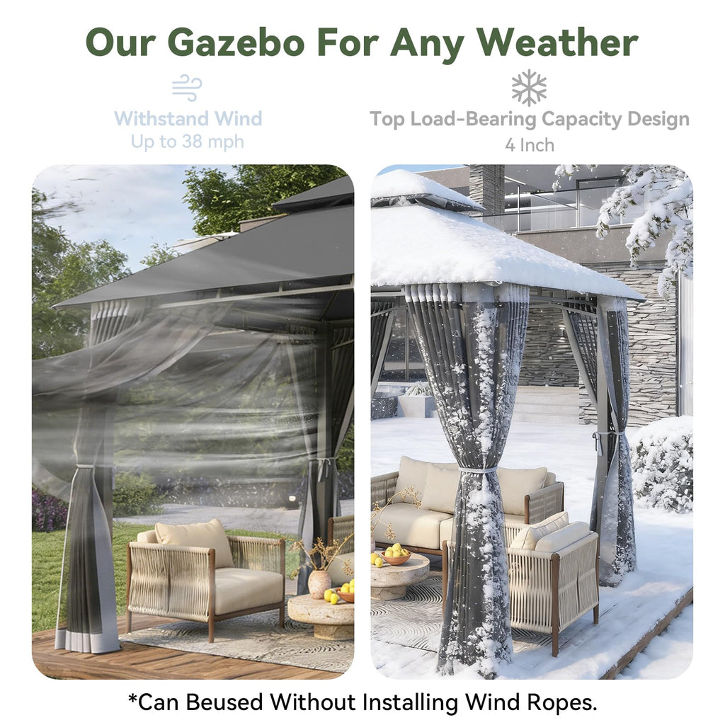 8'x8' Gray Gazebo with Double Roof & Mosquito Netting Y92653