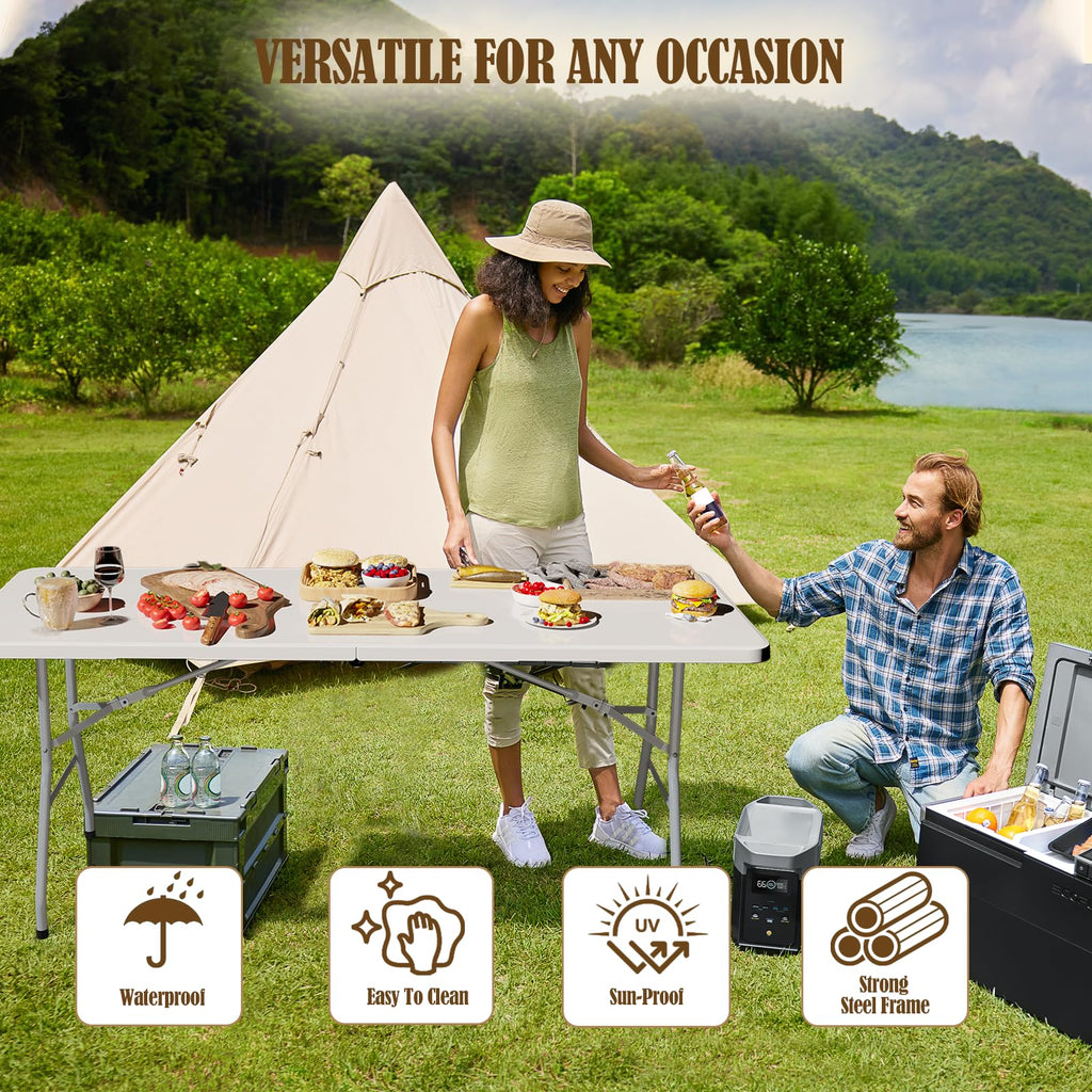6FT White Folding Picnic Table with Carrying Handle E65327