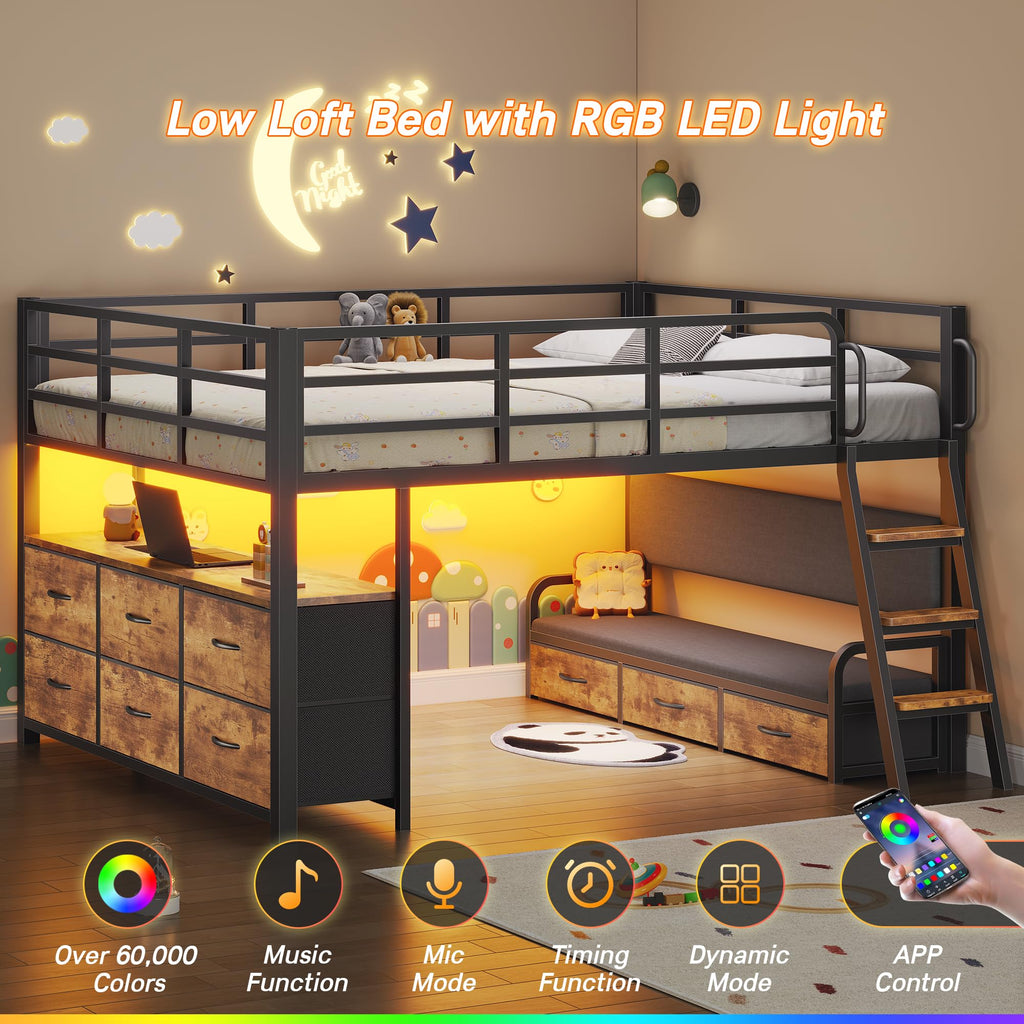 Full Size Low Loft Bed with Desk and 9 Storage Drawers X773