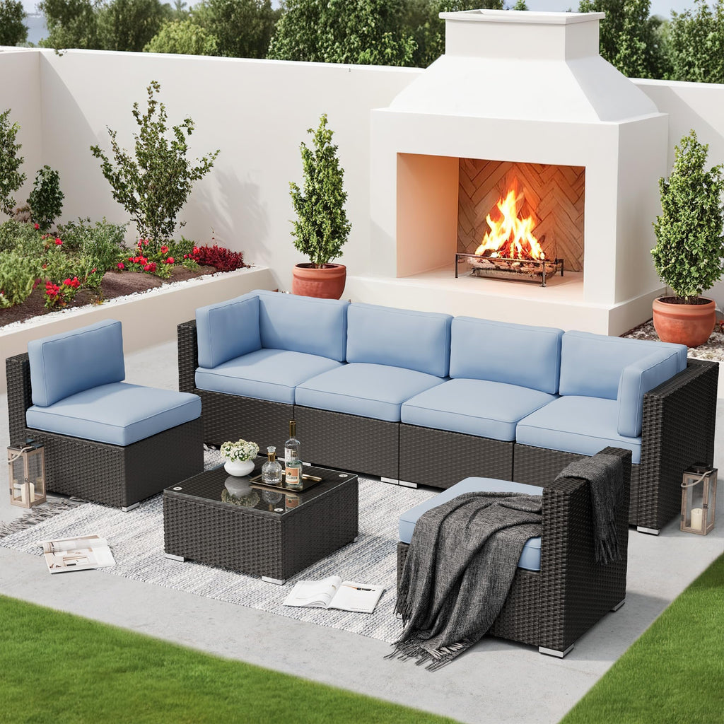 7-Piece All-Weather Wicker Patio Sofa Set with Glass Coffee Table A7540