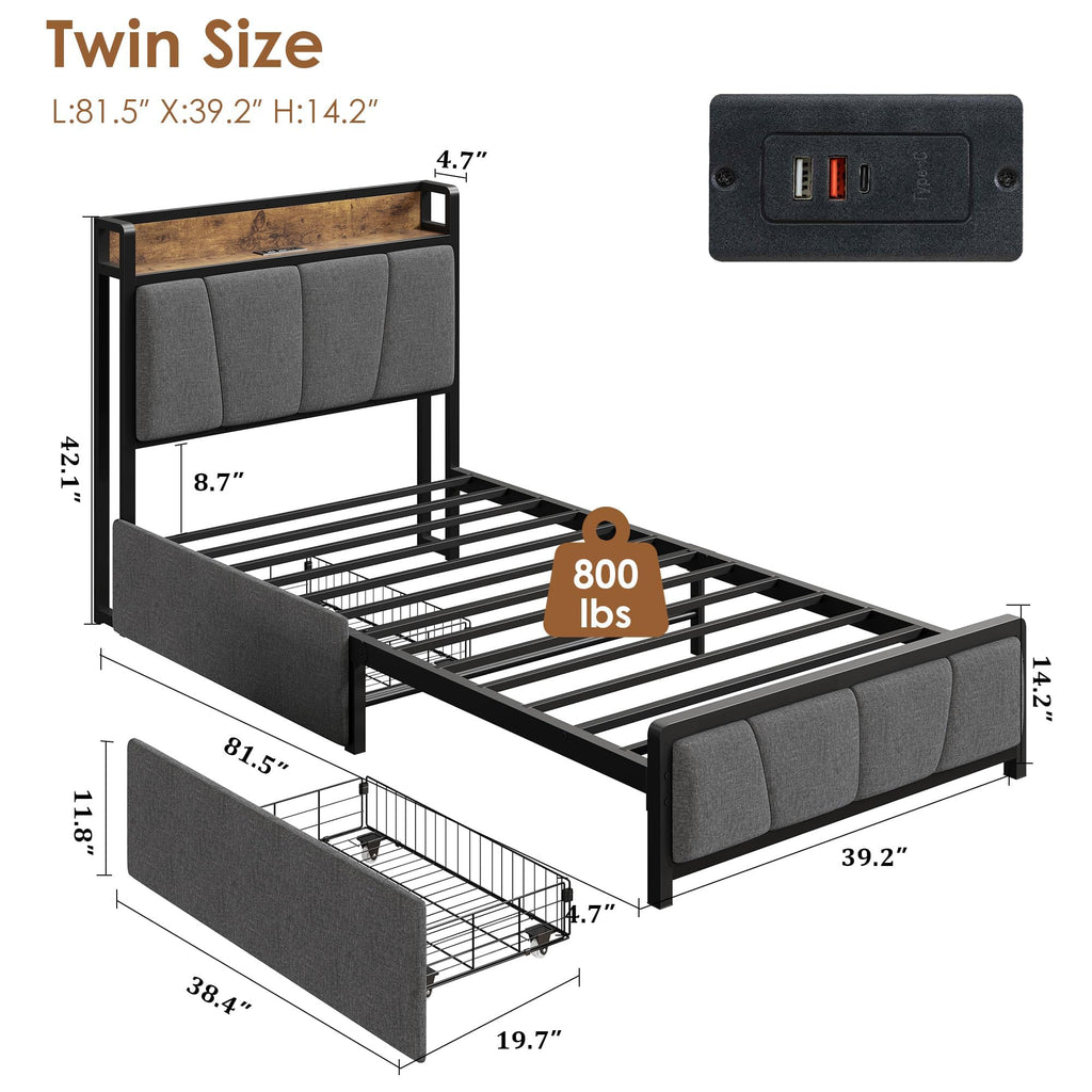 Gray Twin Size Bed Frame with 2 Drawers O696