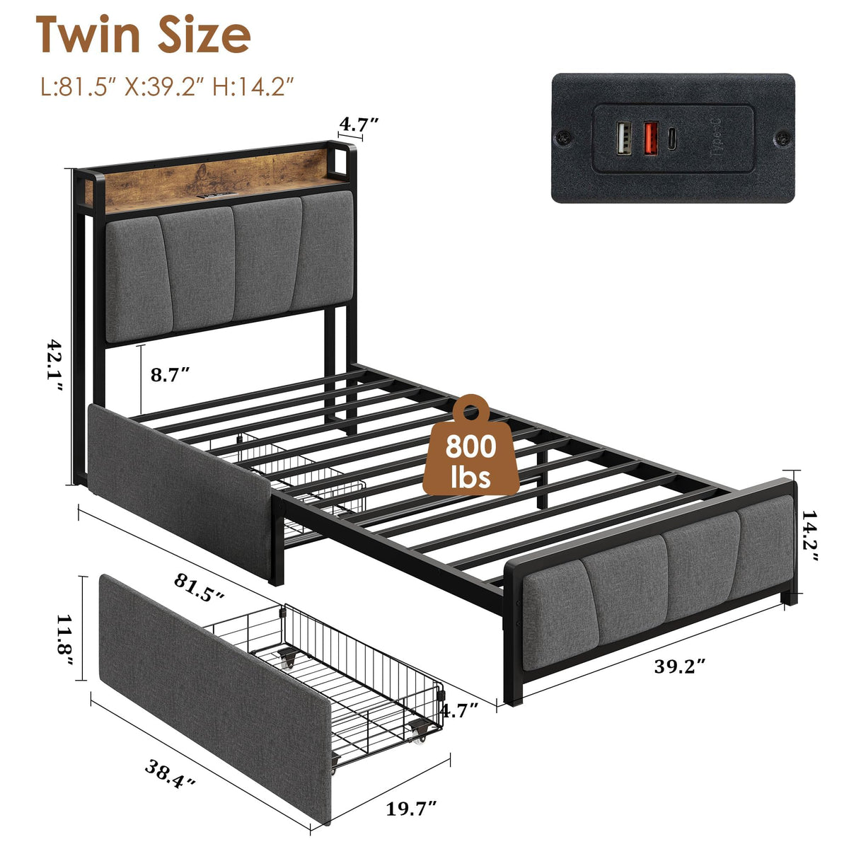 Gray Twin Size Bed Frame with 2 Drawers O696