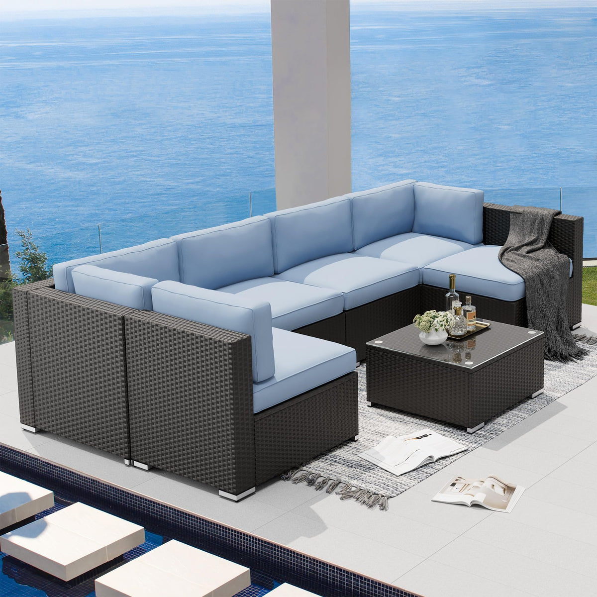 7-Piece All-Weather Wicker Patio Sofa Set with Glass Coffee Table A7540