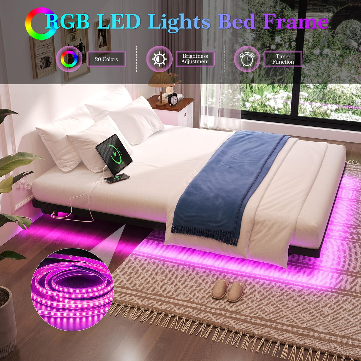 Full Size Metal Floating Bed Frame with LED Lights L1694
