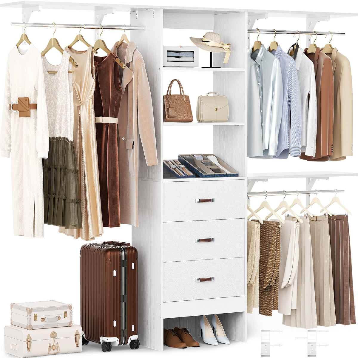8FT White Wood Closet Organizer System with Drawer D4111
