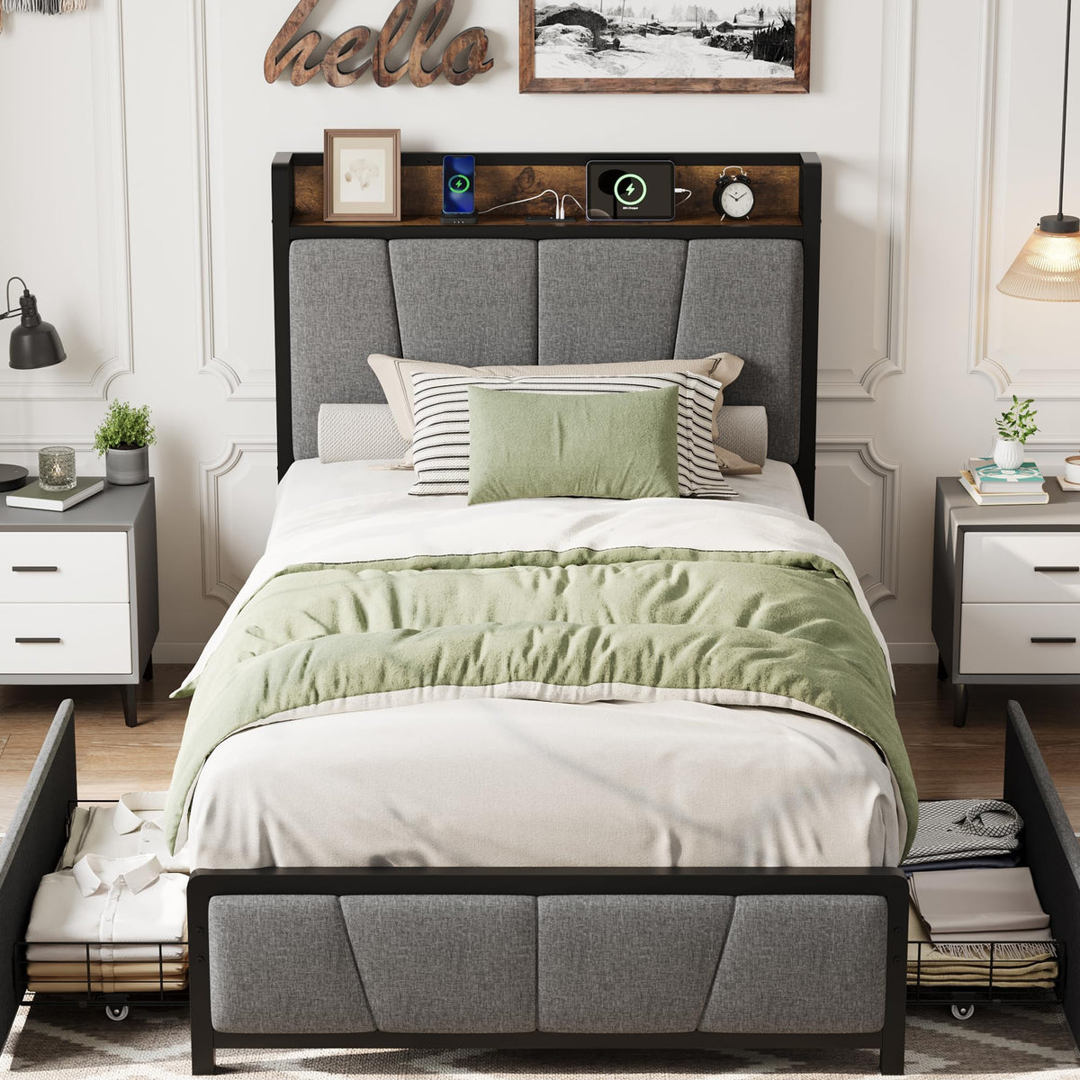 Gray Twin Size Bed Frame with 2 Drawers O696