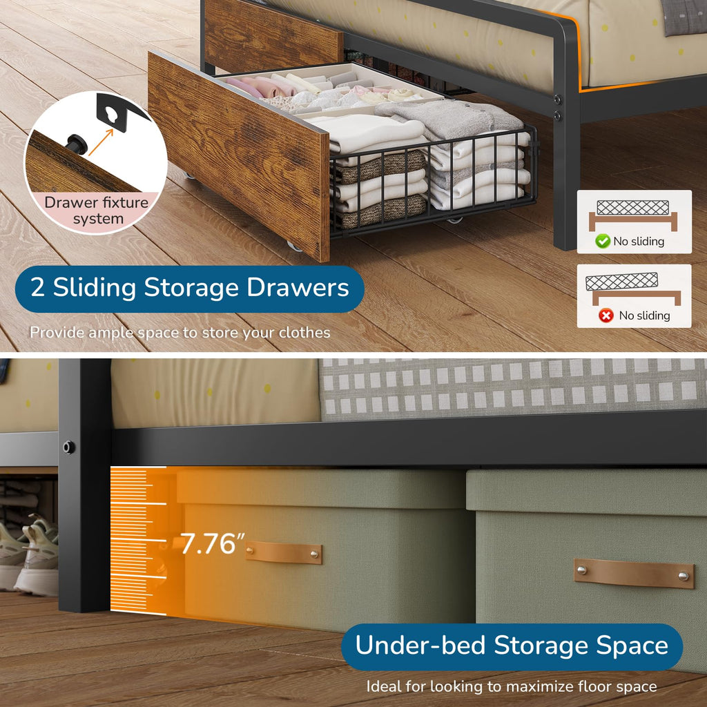 Black Twin Over Full Bunk Bed with Storage Drawers and Bookshelf S522