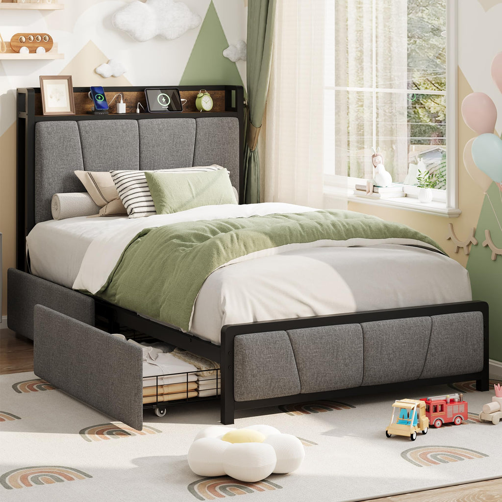 Gray Twin Size Bed Frame with 2 Drawers O696