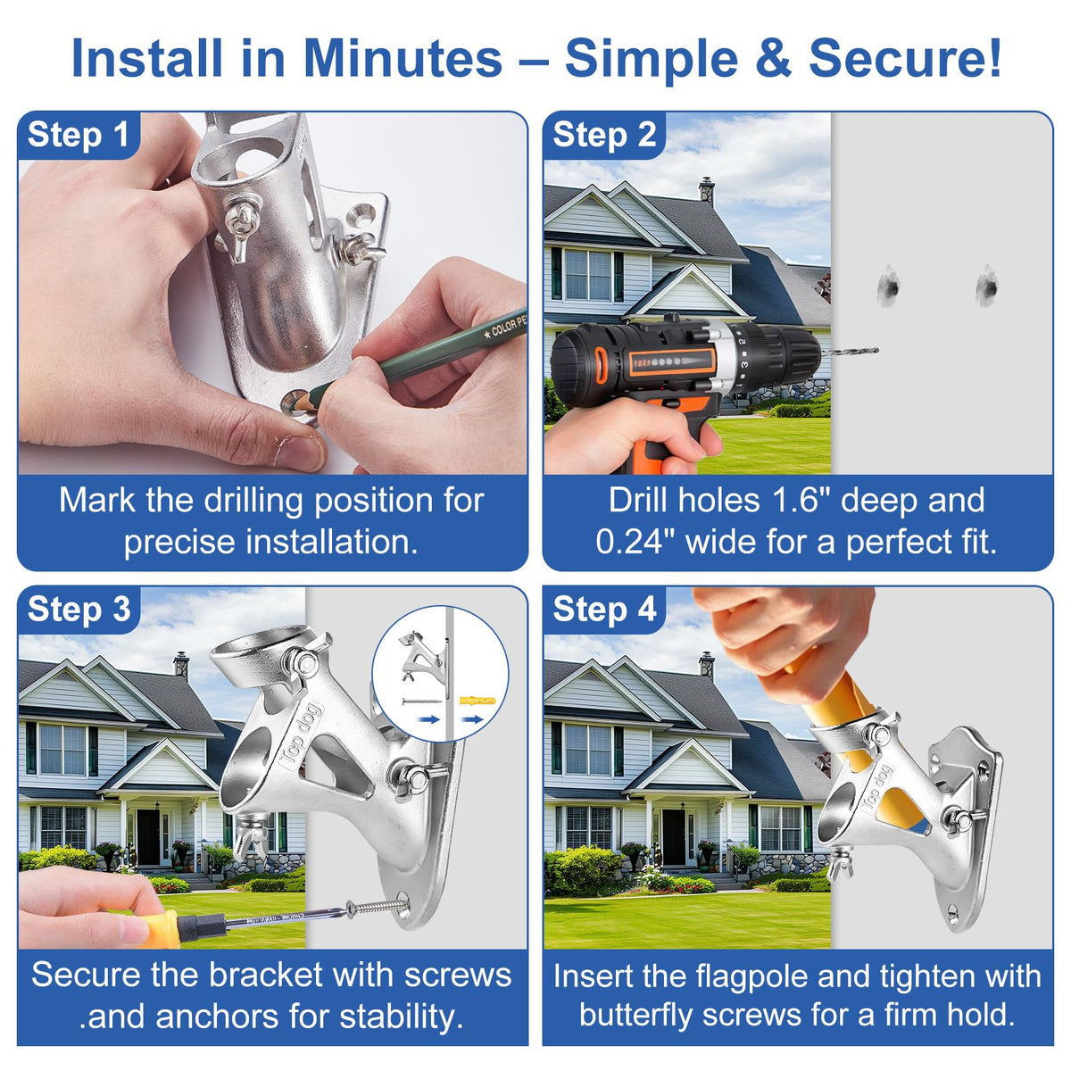304 Stainless Steel Adjustable Wall Mount Flag Pole Holder Bracket Z26086