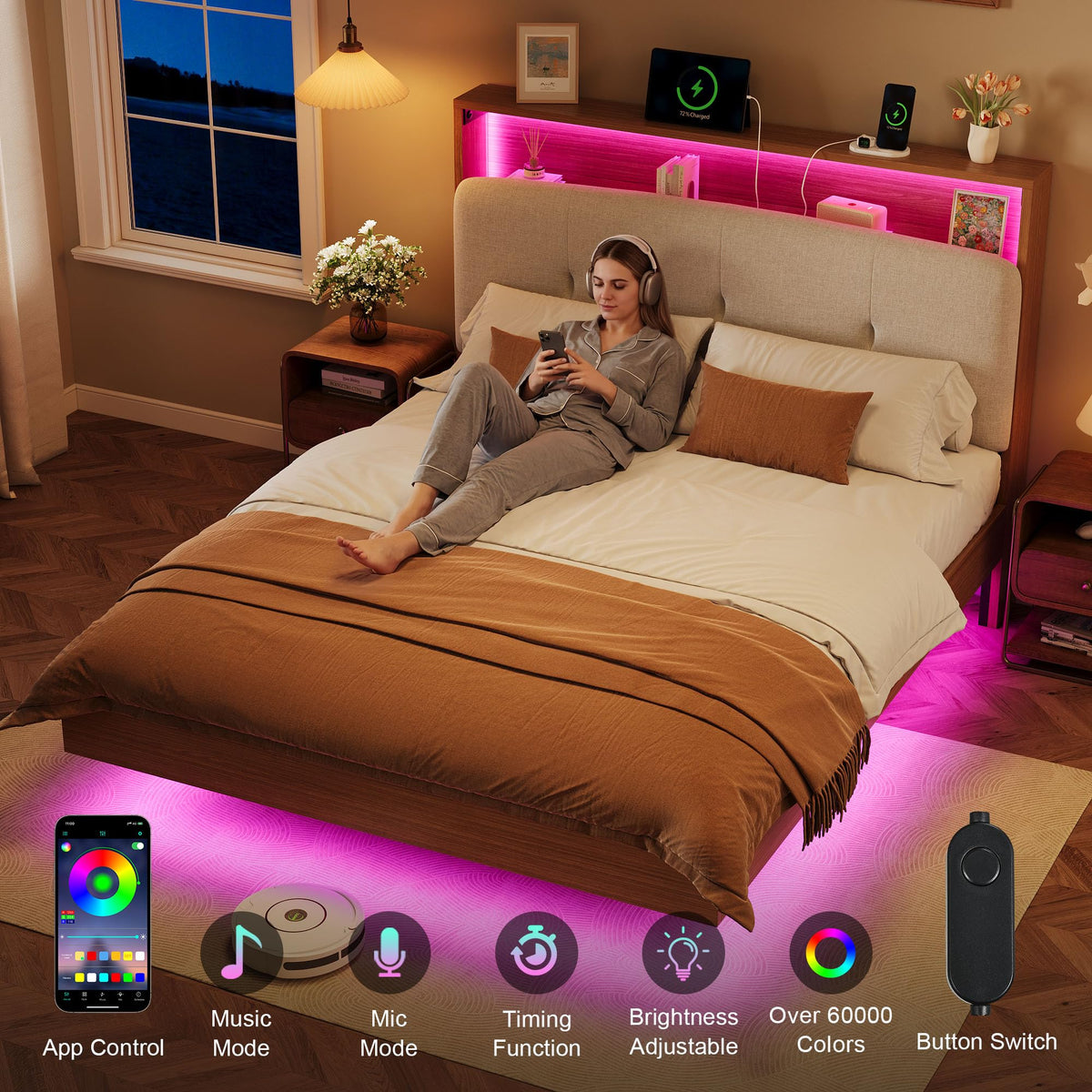 Full Size Floating Bed Frame with LED Light and Charging Station L6121