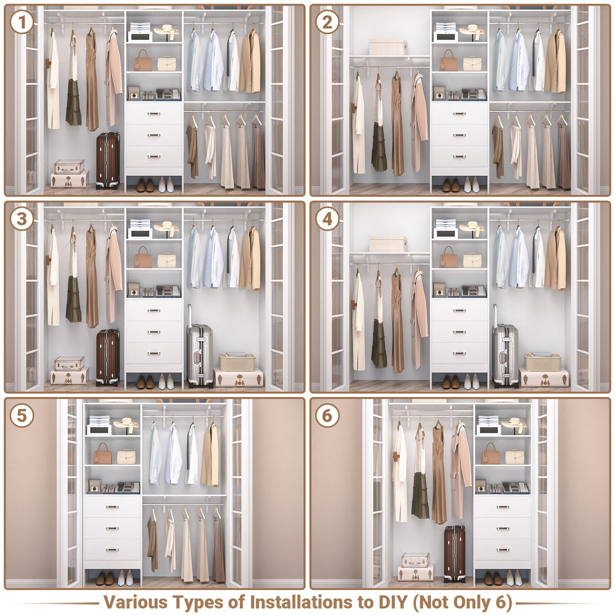 8FT White Wood Closet Organizer System with Drawer D4111