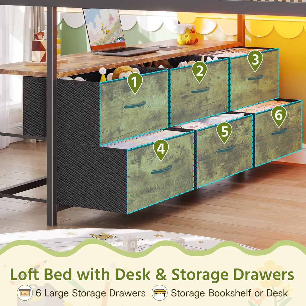 Full Size Low Loft Bed with Desk and 9 Storage Drawers X773