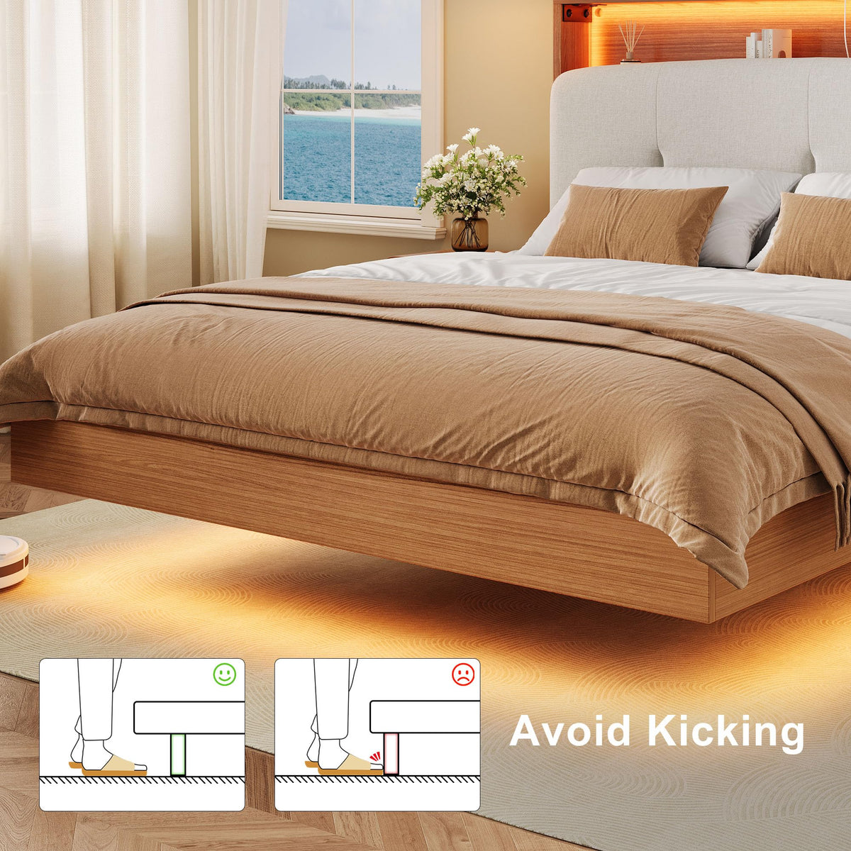 Full Size Floating Bed Frame with LED Light and Charging Station L6121